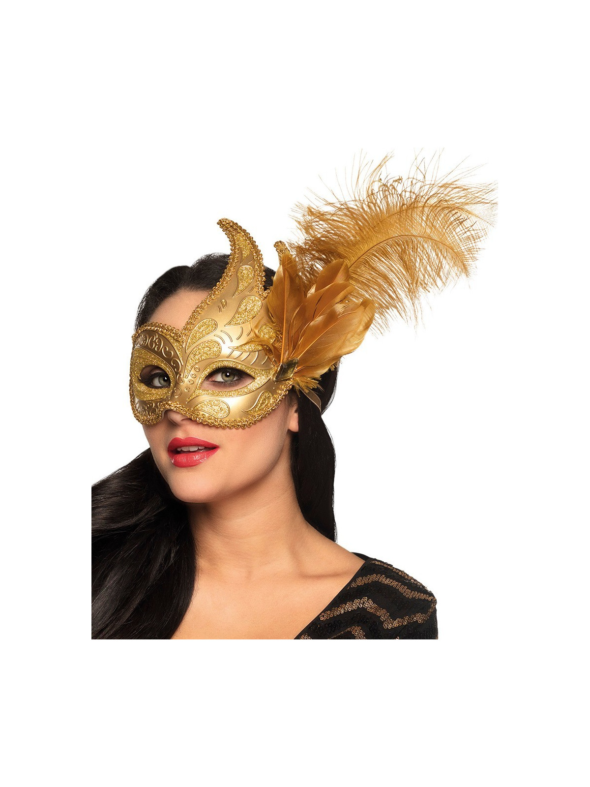 Kuldne kõrgem kuldne mask sulgedega