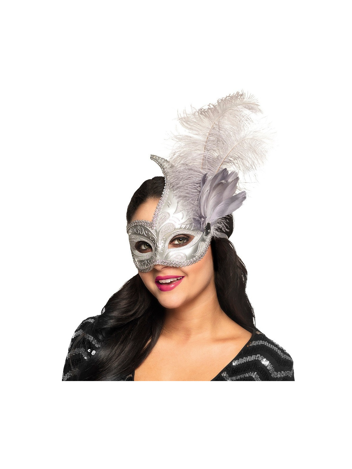 Hõbedane kõrgem sulgedega mask