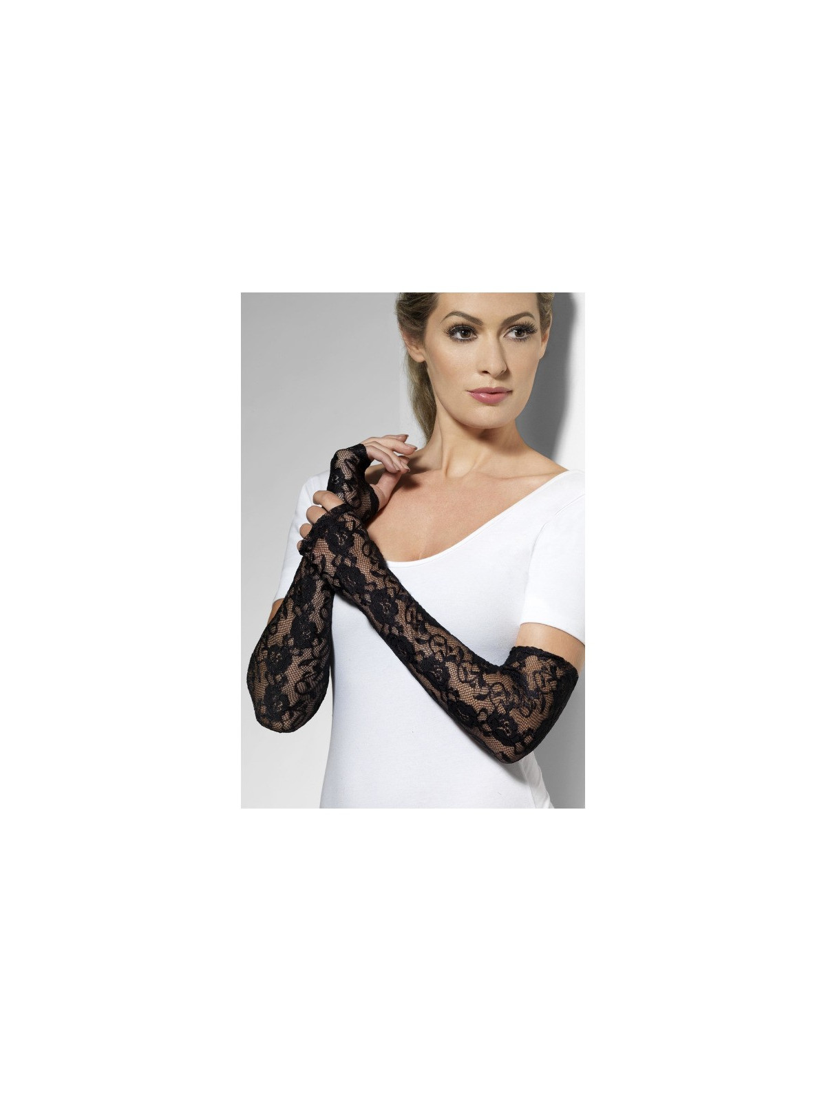 Mustad pitsist pikad sõrmedeta kindad