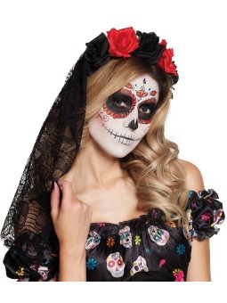 Musta looriga, punaste ja mustade roosidega peavõru