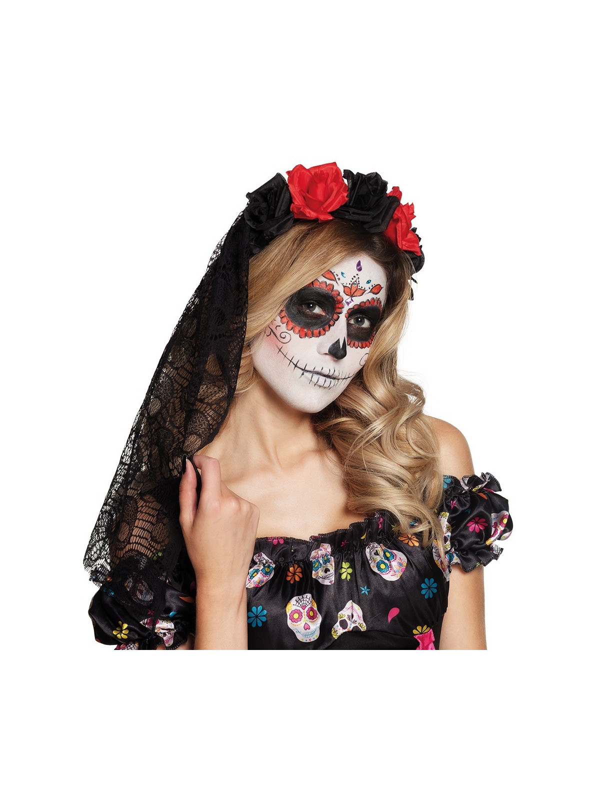 Musta looriga, punaste ja mustade roosidega peavõru