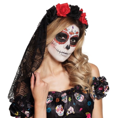 Musta looriga, punaste ja mustade roosidega peavõru