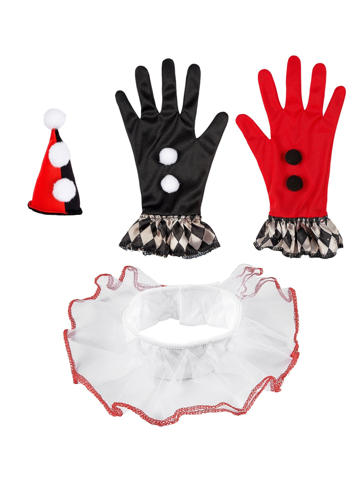 Kurja Harlequin (mini müts, ruff, kindad)